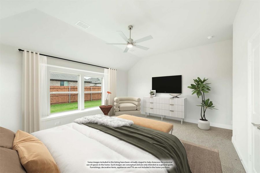 Bedroom with vaulted ceiling, ceiling fan, carpet flooring, and large window with backyard view Bedroom with vaulted ceiling, ceiling fan, carpet flooring, and large window with backyard view