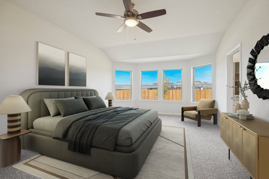 Virtually staged primary suite in the Allen floorplan at a Meritage Homes community.