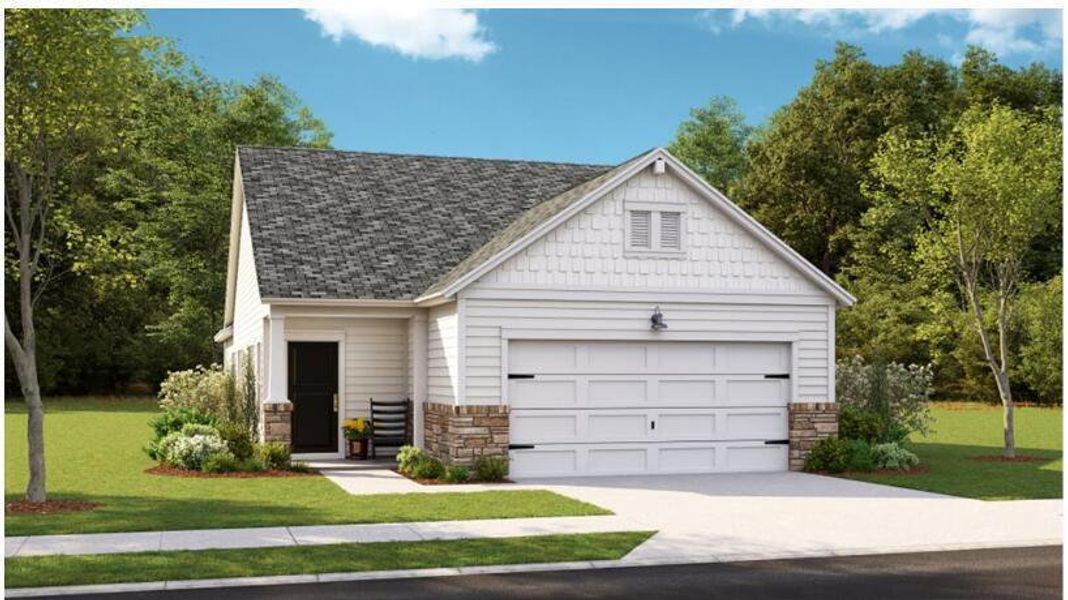 Front exterior of a new home in Horizons at Carnes Crossroads | 55+: Cottage Collection, Summerville, SC, highlighting curb appeal (Image 1). Front exterior of a new home in Horizons at Carnes Crossroads | 55+: Cottage Collection, Summerville, SC, highlighting curb appeal (Image 1).
