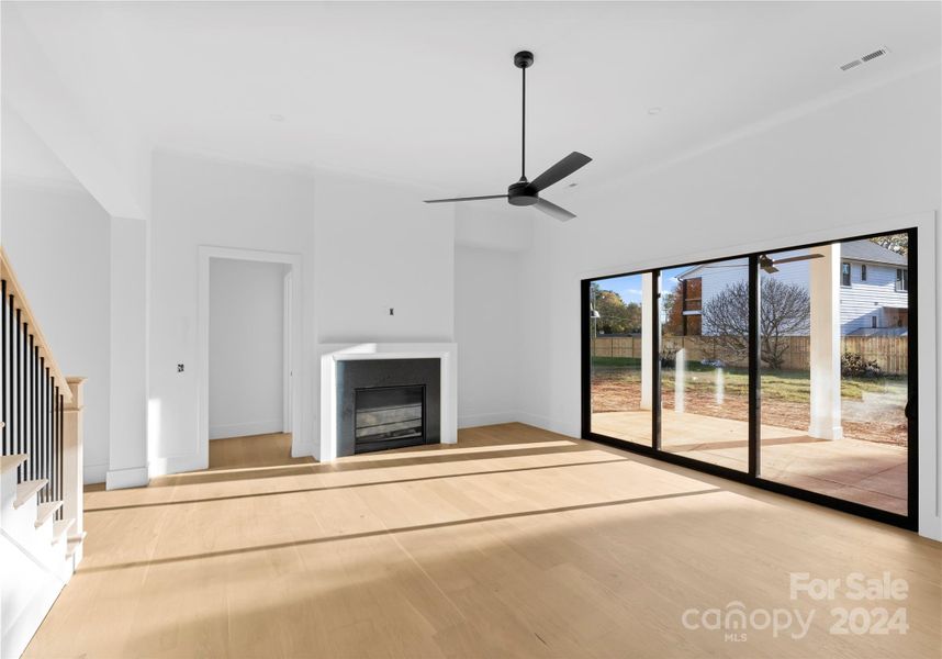 Great Room - 12 ft ceiling, fireplace, custom sliding door