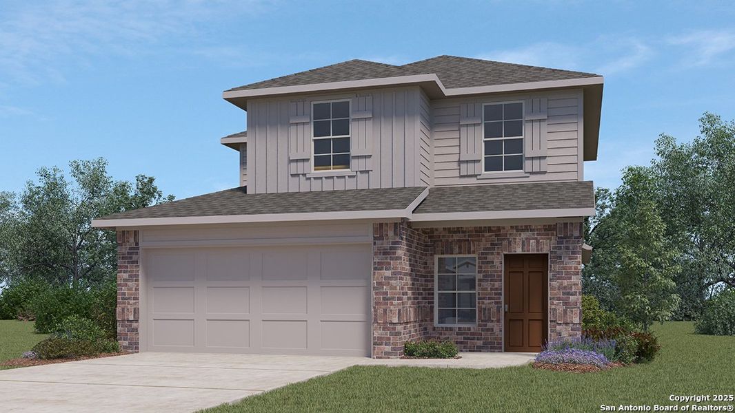 Front exterior of a new home in Riverstone at Westpointe, San Antonio, TX, highlighting curb appeal (Image 1). Front exterior of a new home in Riverstone at Westpointe, San Antonio, TX, highlighting curb appeal (Image 1).