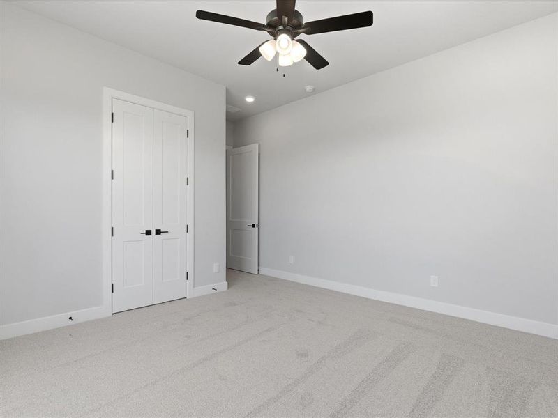 Neutral gray wall color complemented by light gray carpet