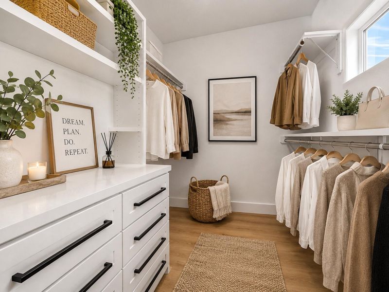 Primary Walk In Closet 1-Spacious primary walk in closet featuring custom built in shelving, drawers, and generous hanging space for effortless organization