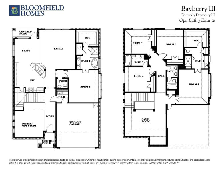 Bloomfield Homes Bayberry III two-story floor plan with five bedrooms, game room, and two-car garage.