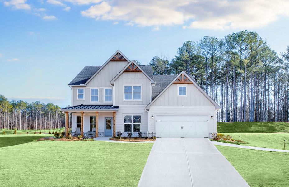 Front exterior of a new home in Ashworth Estates, Powder Springs, GA, highlighting curb appeal (Image 1). Front exterior of a new home in Ashworth Estates, Powder Springs, GA, highlighting curb appeal (Image 1).