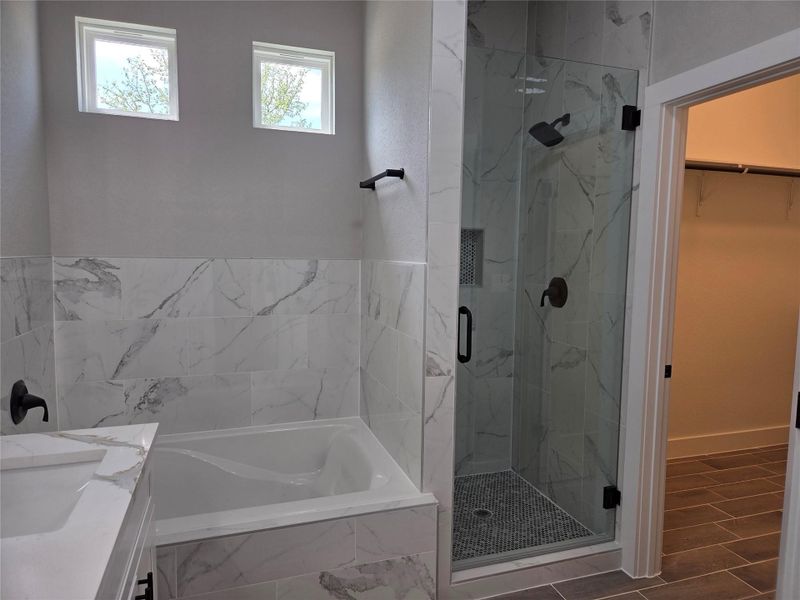 Bathroom with vanity, a marble finish shower, a walk in closet, and a bath Bathroom with vanity, a marble finish shower, a walk in closet, and a bath