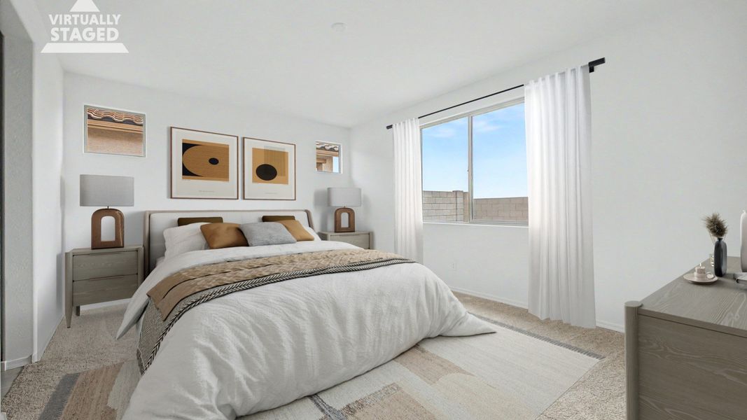 Staged primary bedroom in the new single-story Clover by DRB Homes at Sienna Park, 1315 S. 215th Dr., Buckeye, Arizona 85326. Staged primary bedroom in the new single-story Clover by DRB Homes at Sienna Park, 1315 S. 215th Dr., Buckeye, Arizona 85326.