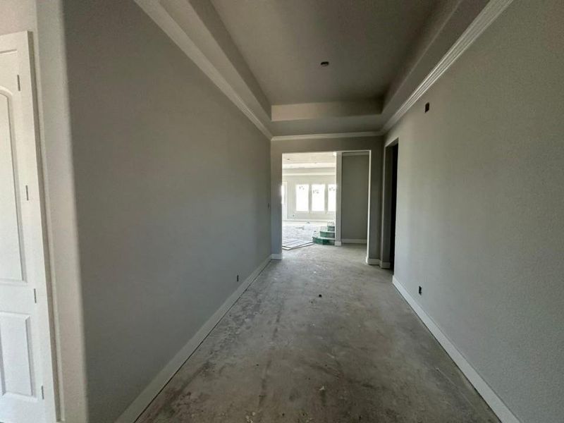 Hallway featuring tray ceiling, crown molding, baseboards, and a paneled interior door
