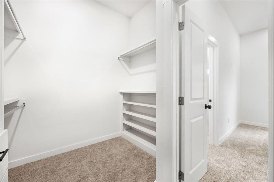 Spacious closet with light colored carpet