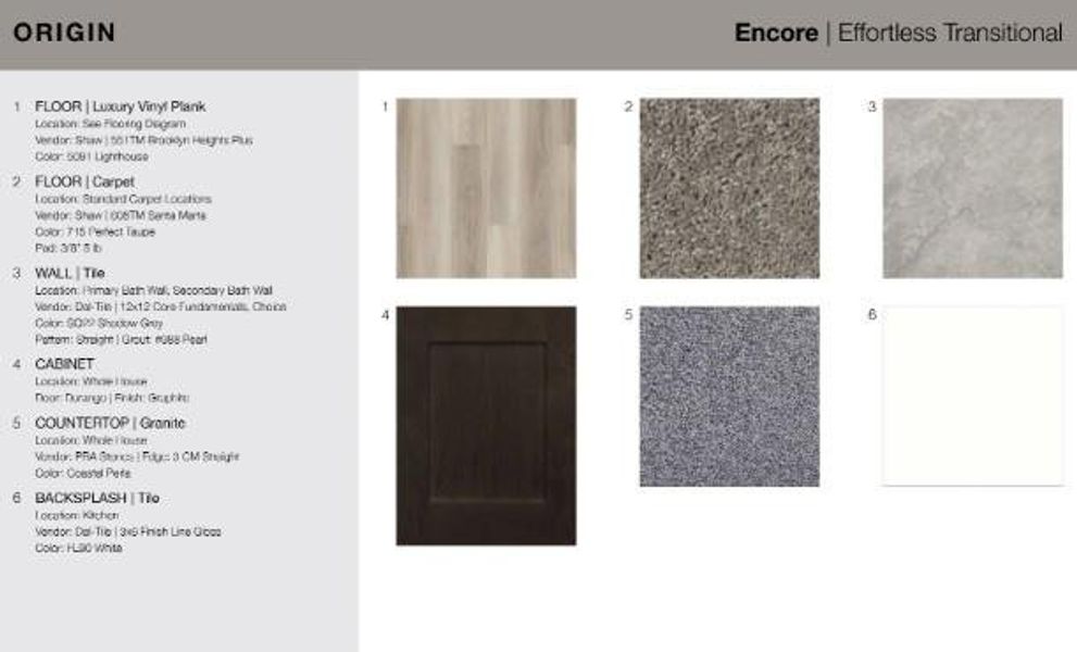 5913 Jennifer Pasture Path design selections.  Home is under construction and selections are subject to change.