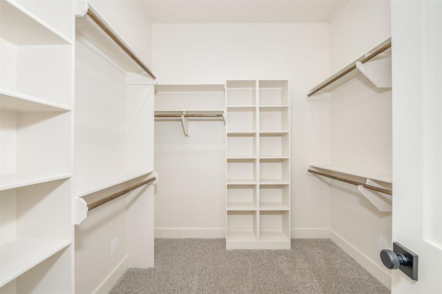 Walk in closet featuring light carpet