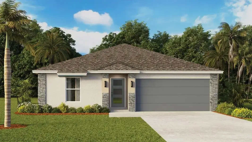 Representative exterior photo of a completed home built from the Fletcher Modern by D.R. Horton in Boulevard Oaks, Lady Lake, FL (Image 2). Representative exterior photo of a completed home built from the Fletcher Modern by D.R. Horton in Boulevard Oaks, Lady Lake, FL (Image 2).