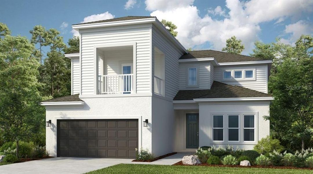 Front exterior of a new home in The Waters at Center Lake Ranch, St. Cloud, FL, highlighting curb appeal (Image 1). Front exterior of a new home in The Waters at Center Lake Ranch, St. Cloud, FL, highlighting curb appeal (Image 1).