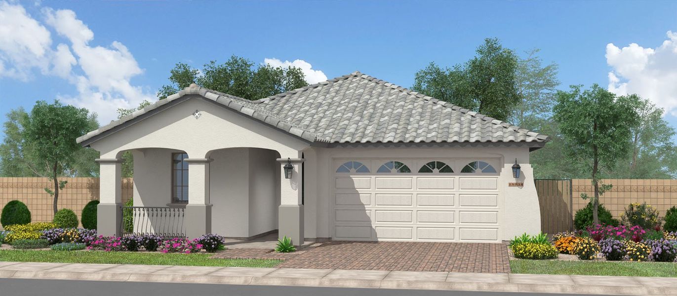 Front exterior of a new home in Ridgeline at Acclaim, Avondale, AZ, highlighting curb appeal (Image 1).