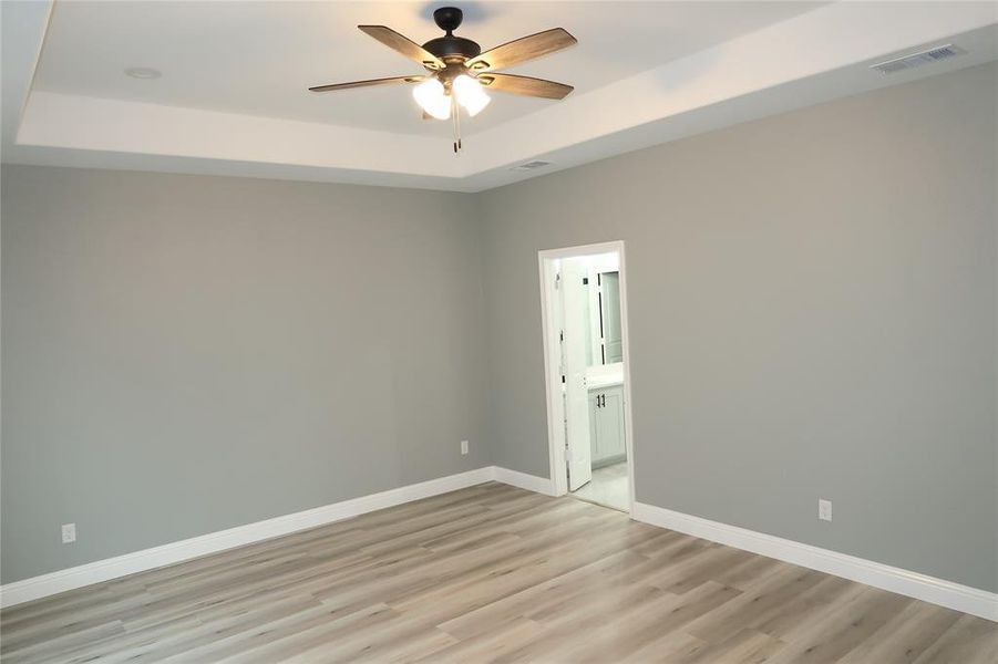 Empty room featuring a raised ceiling, light wood-type flooring, and a ceiling fan