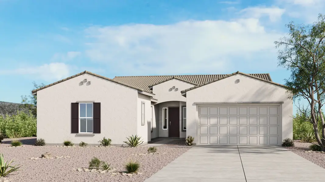 Front exterior of a new home in Saddleback, Peoria, AZ, highlighting curb appeal (Image 1). Front exterior of a new home in Saddleback, Peoria, AZ, highlighting curb appeal (Image 1).