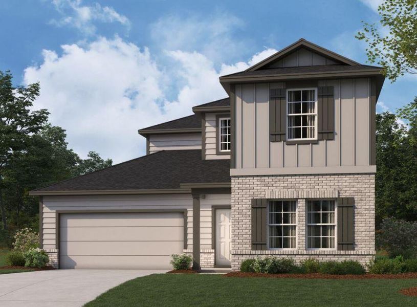 Front exterior of a new home in Carillon, Manor, TX, highlighting curb appeal (Image 1).