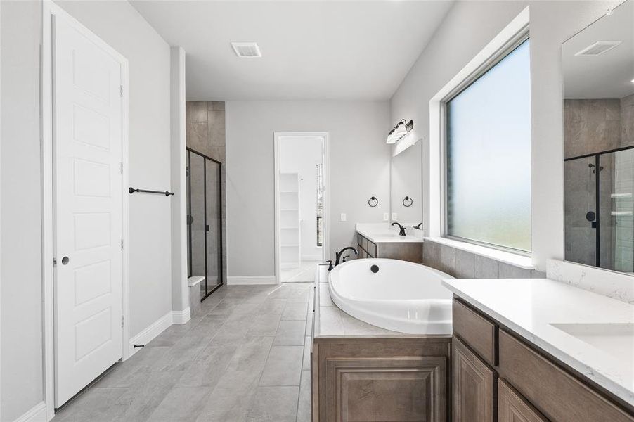 Bathroom featuring a garden tub, two vanities, a walk in closet, and a stall shower
