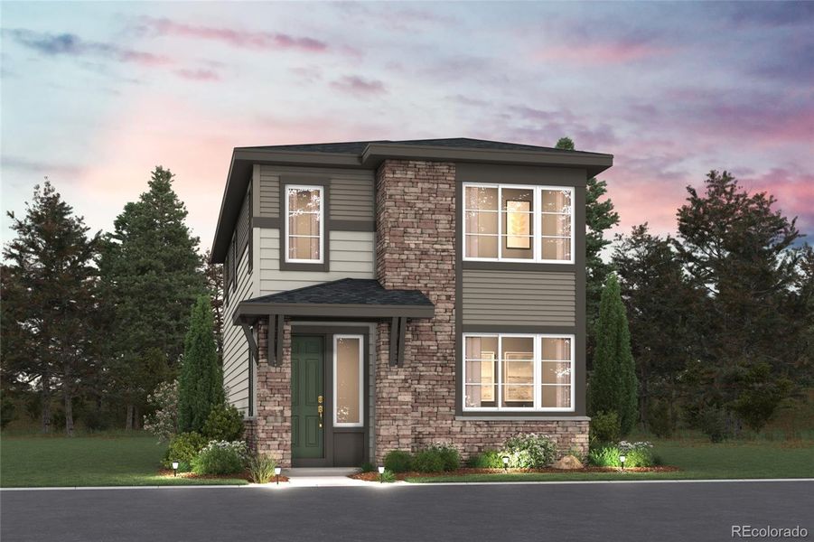 Front exterior of a new home in The Boulevard I Collection at Windler, Aurora, CO, highlighting curb appeal (Image 1).
