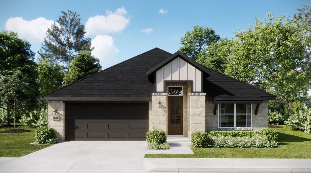 Representative exterior photo of a completed home built from the Maison by Risewell Homes in Hunters Ridge, Crowley, TX (Image 2). Representative exterior photo of a completed home built from the Maison by Risewell Homes in Hunters Ridge, Crowley, TX (Image 2).