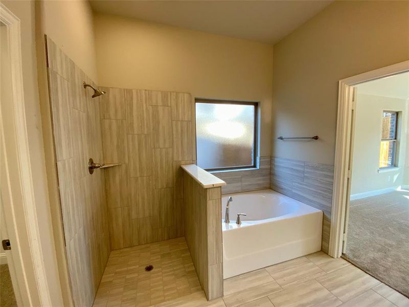 Master bathroom features shower with dropped tile floor, frameless glass, and separate garden tub.