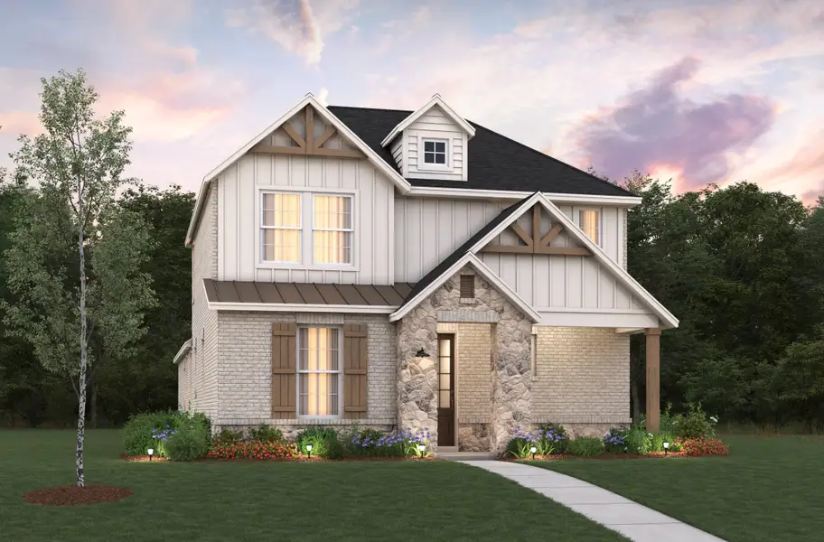 Representative exterior photo of a completed home built from the Conroe by Beazer Homes in Waterbend: Arbors 40', Euless, TX (Image 2). Representative exterior photo of a completed home built from the Conroe by Beazer Homes in Waterbend: Arbors 40', Euless, TX (Image 2).