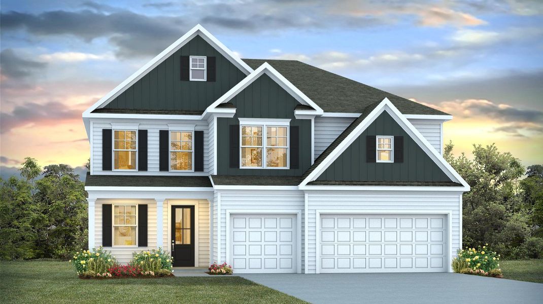 Front exterior of a new home in Livingston Woods, Irmo, SC, highlighting curb appeal (Image 1). Front exterior of a new home in Livingston Woods, Irmo, SC, highlighting curb appeal (Image 1).