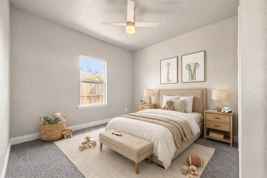 Bedroom with carpet flooring and ceiling fan