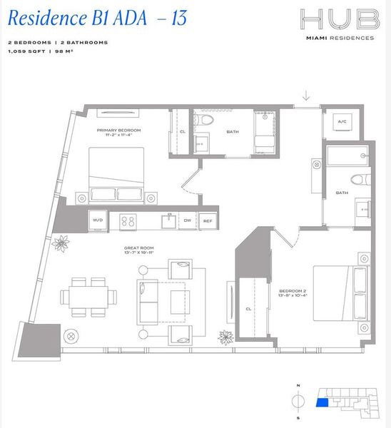 2D floor plan layout for the Res. B1 ADA 13 by The John Buck Company in HUB Miami, Miami, FL (Image 1). 2D floor plan layout for the Res. B1 ADA 13 by The John Buck Company in HUB Miami, Miami, FL (Image 1).
