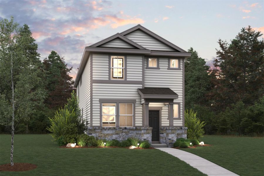 Front exterior of a new home in The Hollows at Avery Centre, Round Rock, TX, highlighting curb appeal (Image 1). Front exterior of a new home in The Hollows at Avery Centre, Round Rock, TX, highlighting curb appeal (Image 1).