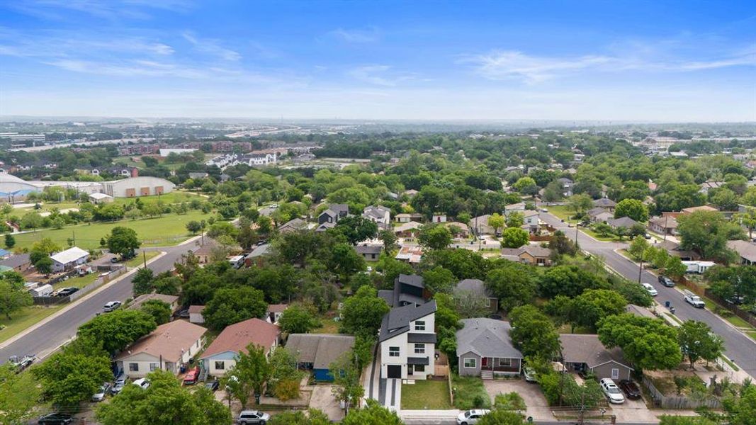 Aerial view of the front of the home.