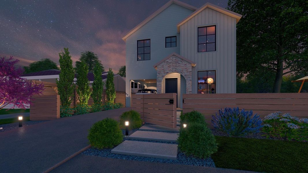 View of front facade featuring a fenced front yard, board and batten siding, and a gate