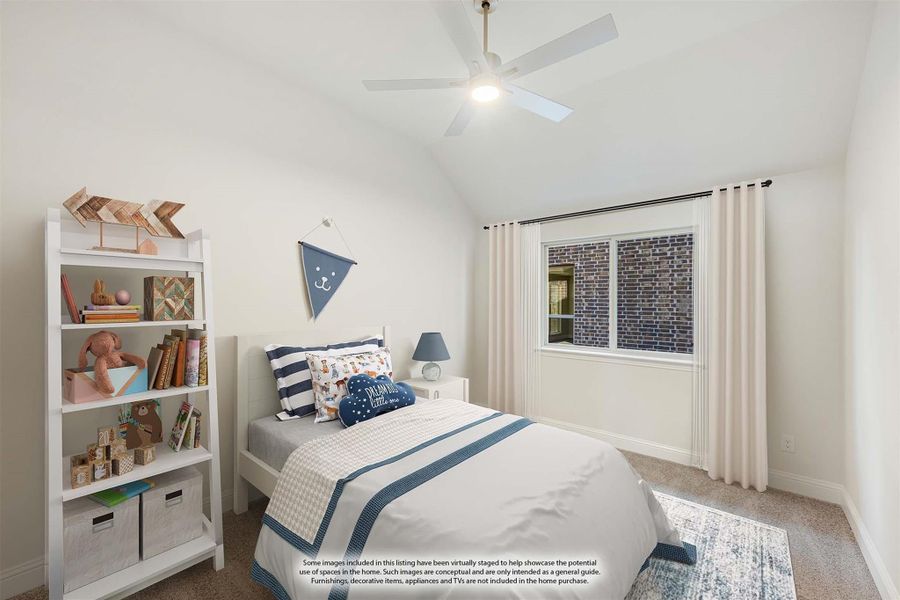 Child's bedroom with vaulted ceiling, ceiling fan, carpet, bookshelf, and twin bed with blue and white bedding