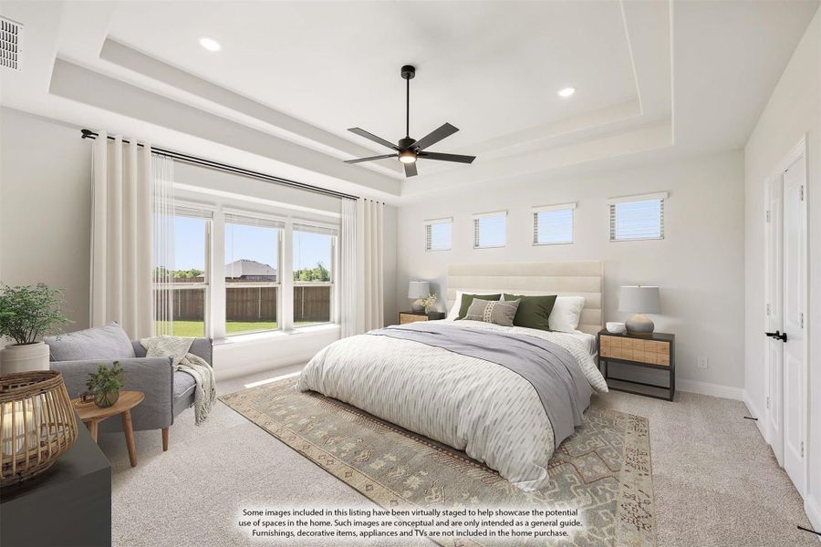 Spacious master bedroom with tray ceiling, ceiling fan, large windows, and neutral carpet flooring
