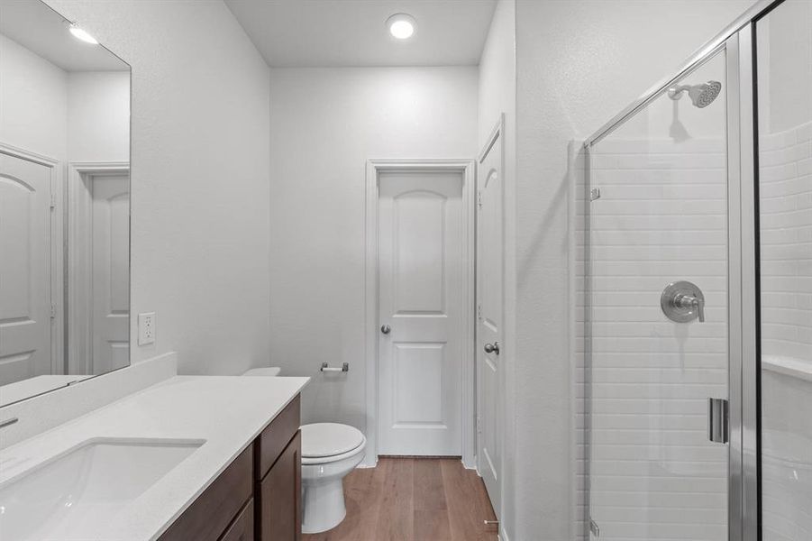 Bathroom with toilet, a shower stall, wood finished floors, and vanity