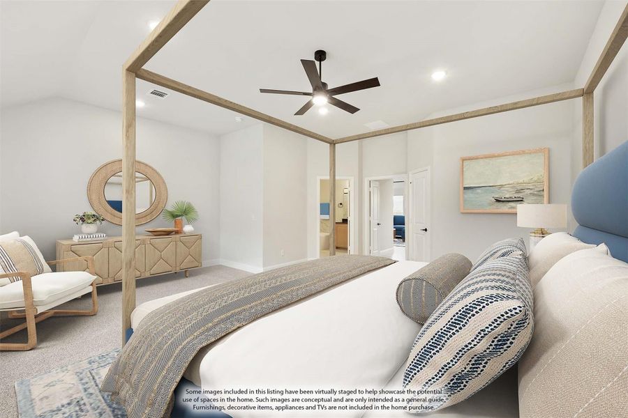 Master bedroom with four-poster bed, ceiling fan, and ensuite bathroom doorway visible in background