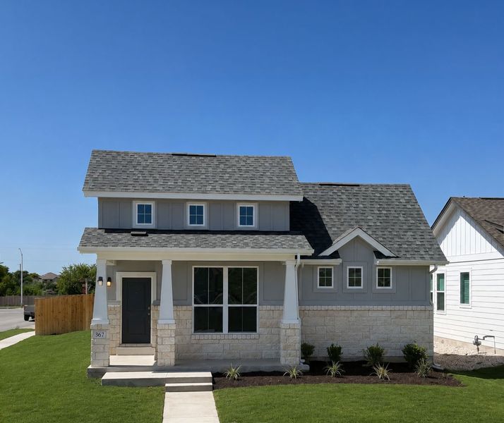 Front exterior of a new home in Porter Country, Buda, TX, highlighting curb appeal (Image 1). Front exterior of a new home in Porter Country, Buda, TX, highlighting curb appeal (Image 1).
