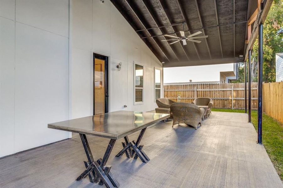 View of patio with ceiling fan