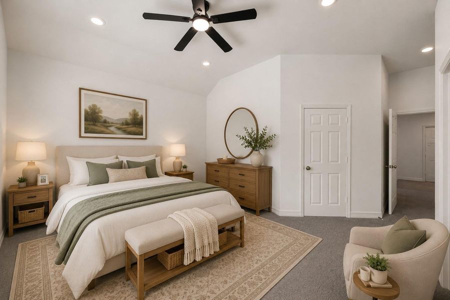 Primary bedroom 2nd angle that includes brand new carpet, a sleek ceiling fan and large walk-in closet *Virtually staged*