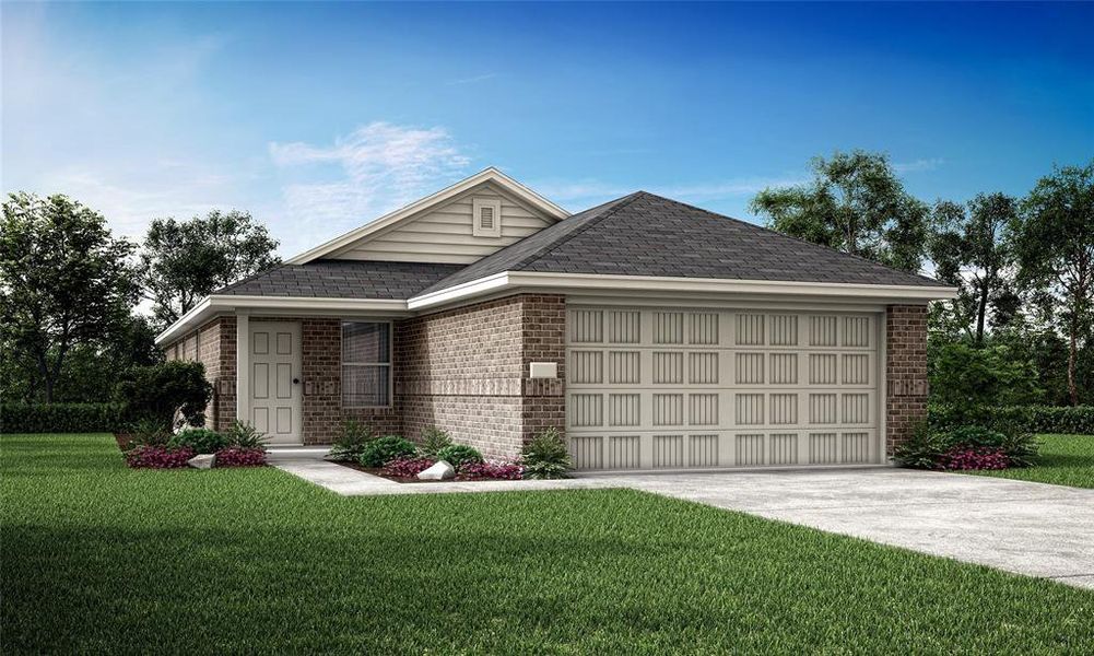 View of front of home featuring a garage and a front yard