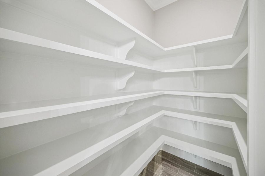 Huge walk-in kitchen pantry with ceramic wood-look tile flooring. Wood shelving and high ceiling.