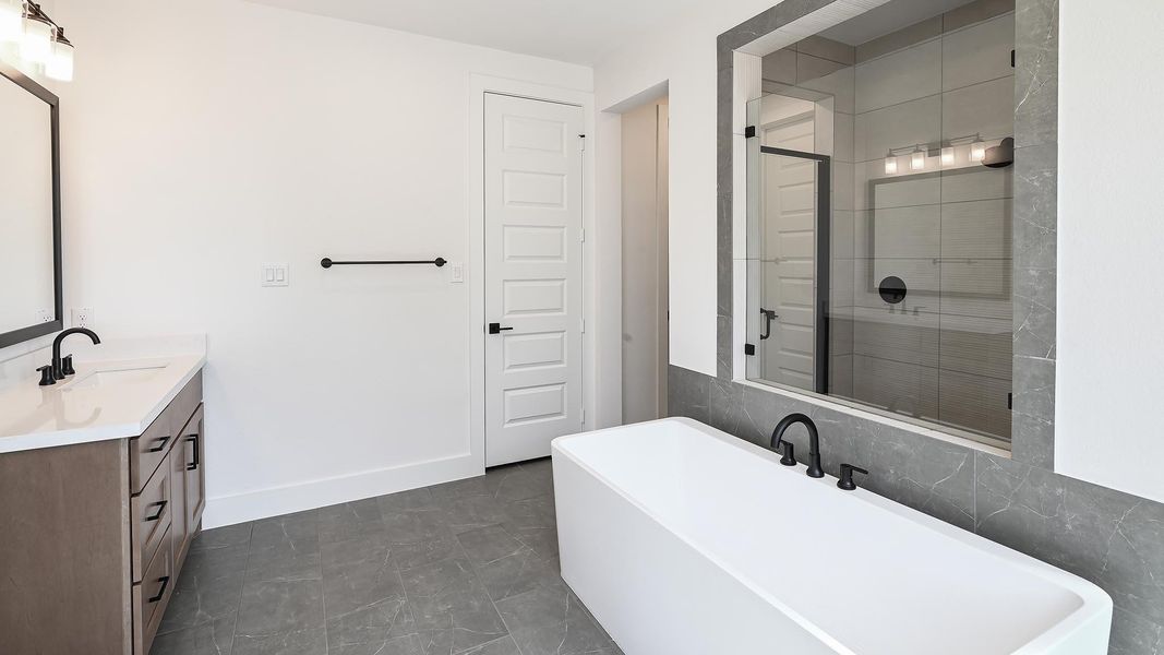 Bathroom featuring a freestanding bath, vanity, and a shower stall Bathroom featuring a freestanding bath, vanity, and a shower stall