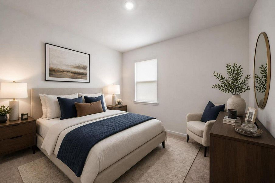 The bedroom shows how comfortably the space can hold a full furniture setup while keeping the room open. The neutral finishes make it easy to personalize. Virtually staged. The bedroom shows how comfortably the space can hold a full furniture setup while keeping the room open. The neutral finishes make it easy to personalize. Virtually staged.