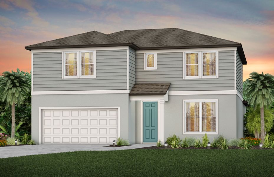 Front exterior of a new home in Evergreen, Thonotosassa, FL, highlighting curb appeal (Image 15).