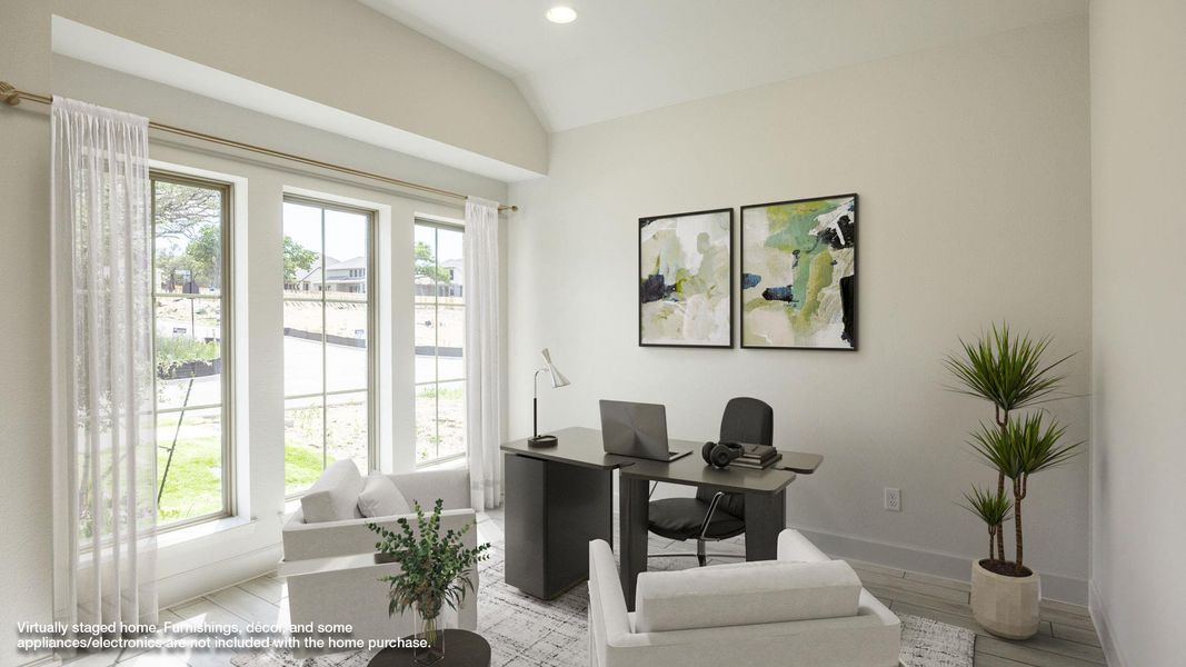 Office area with vaulted ceiling, baseboards, wood finished floors, and recessed lighting Office area with vaulted ceiling, baseboards, wood finished floors, and recessed lighting