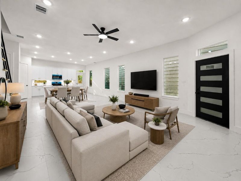 Virtually staged to showcase the ample space in the Family Room and openness to the other spaces. Virtually staged to showcase the ample space in the Family Room and openness to the other spaces.