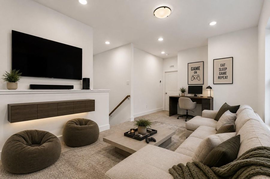 Versatile upstairs gameroom perfect for a media lounge, playroom, office, or additional entertaining space.
