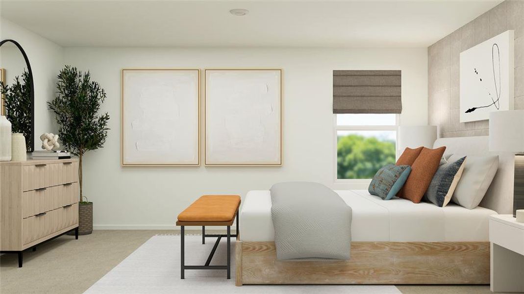 Bedroom featuring light colored carpet