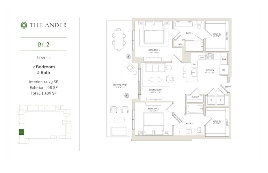 2D floor plan layout for the B1.2 by Ledgestone Development Group in The Ander, Austin, TX (Image 1).