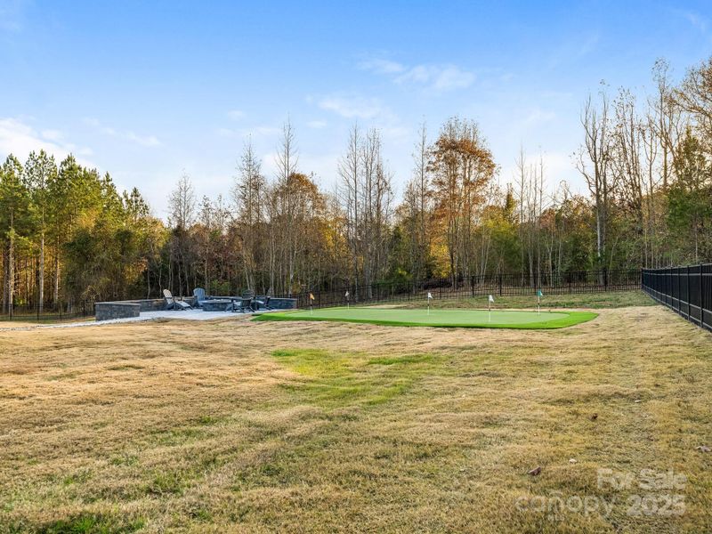View of putting green & fire pit from inside the fenced yard (right side).